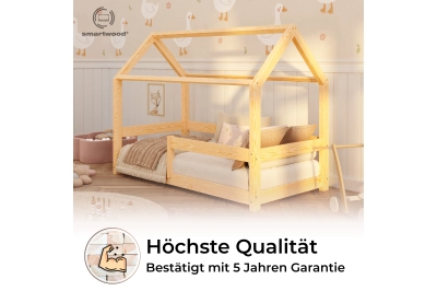 Hausbett für Kinder mit Rausfallschutz und Lattenrost MILO massives Kiefernholz