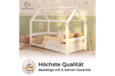 Hausbett für Kinder mit Rausfallschutz und Lattenrost MILO massives Kiefernholz