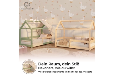 Hausbett für Kinder mit Rausfallschutz und Lattenrost MILO massives Kiefernholz