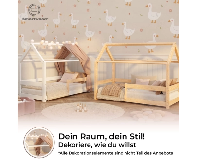 Hausbett für Kinder mit Rausfallschutz und Lattenrost MILO Montessori Holz