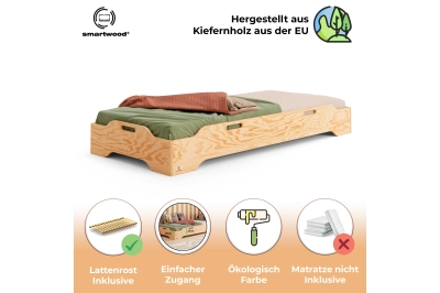 Bodenbett für Kinder mit Rausfallschutz und Lattenrost TILA 8 Montessori Kiefer