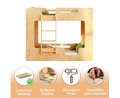 Etagenbett für Kinder mit Rausfallschutz und Lattenrost MIMI B Montessori Holz