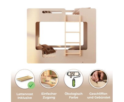 Etagenbett für Kinder mit Rausfallschutz und Lattenrost MIMI B Montessori Holz