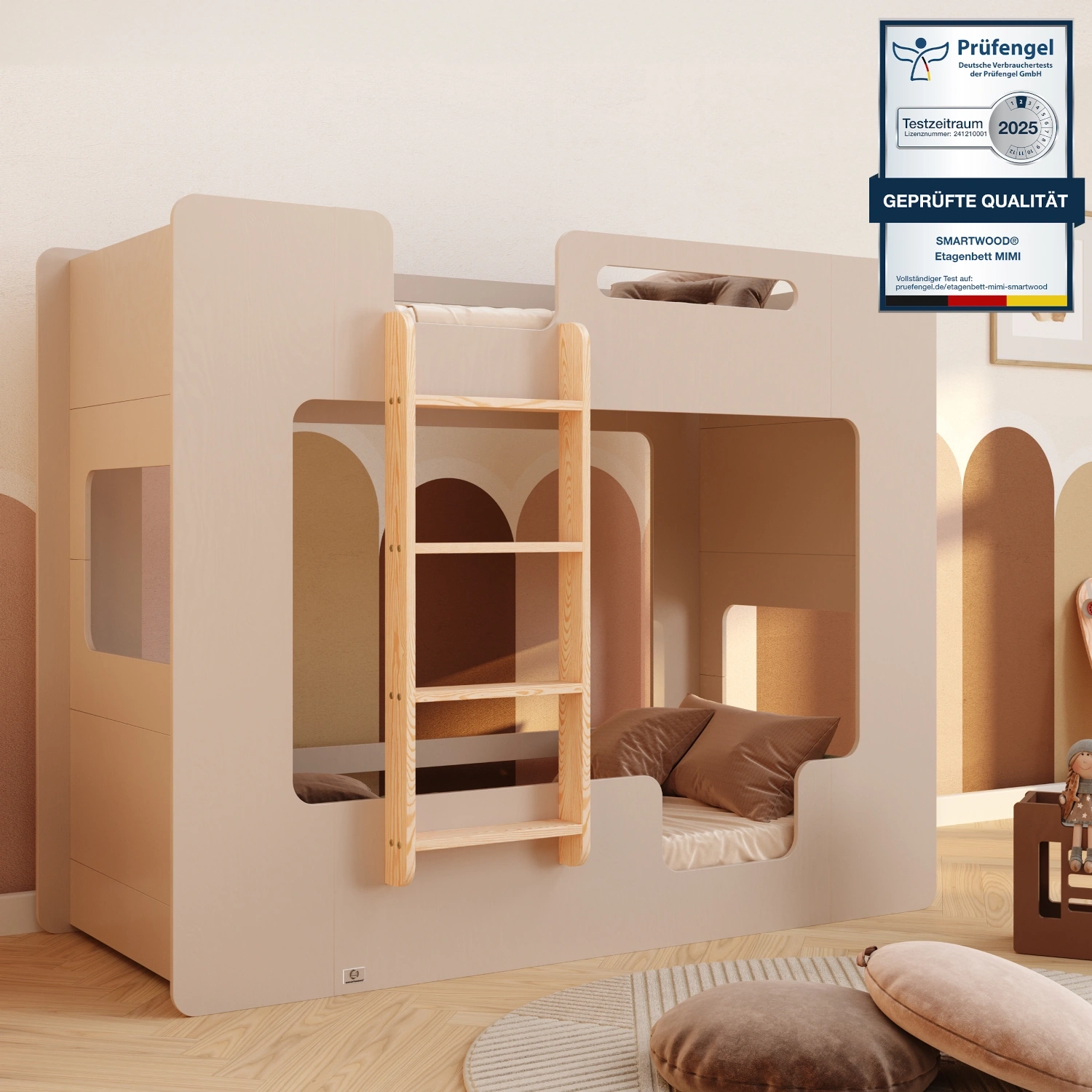 Etagenbett für Kinder mit Rausfallschutz und Lattenrost MIMI B Montessori Holz,  - Kaschmir, 90x200 | Smartwood