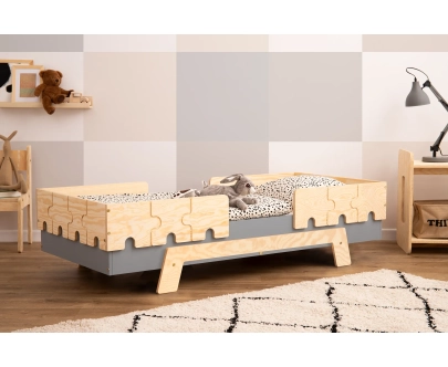Einzelbett für Kinder mit Rausfallschutz und Lattenrost PUZZLE BR2 Montessori Holz