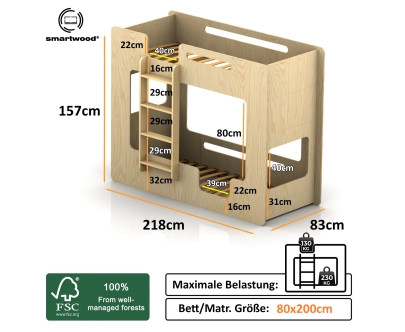 Etagenbett für Kinder mit Rausfallschutz und Lattenrost MIMI B Montessori Holz