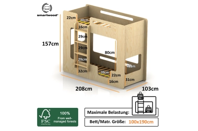 Etagenbett für Kinder mit Rausfallschutz und Lattenrost MIMI B Montessori Holz