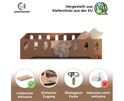 Einzelbett für Kinder mit Rausfallschutz und Lattenrost TILA 2 Montessori Holz