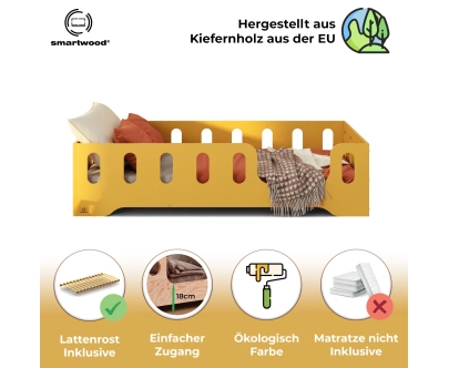 Einzelbett für Kinder mit Rausfallschutz und Lattenrost TILA 2 Montessori Holz