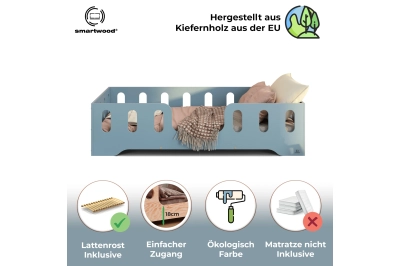 Einzelbett für Kinder mit Rausfallschutz und Lattenrost TILA 2 Montessori Holz