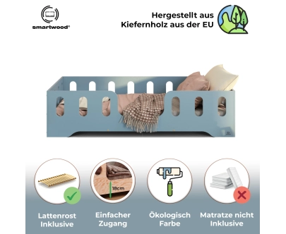 Einzelbett für Kinder mit Rausfallschutz und Lattenrost TILA 2 Montessori Holz