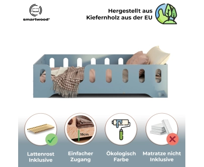 Einzelbett für Kinder mit Rausfallschutz und Lattenrost TILA 2 Montessori Holz