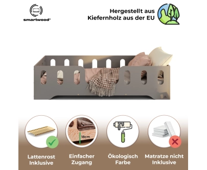 Einzelbett für Kinder mit Rausfallschutz und Lattenrost TILA 2 Montessori Holz