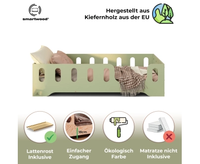 Einzelbett für Kinder mit Rausfallschutz und Lattenrost TILA 2 Montessori Holz