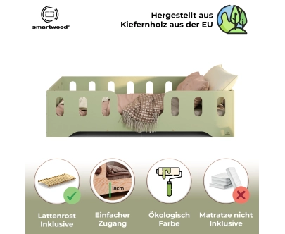 Einzelbett für Kinder mit Rausfallschutz und Lattenrost TILA 2 Montessori Holz