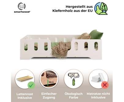 Einzelbett für Kinder mit Rausfallschutz und Lattenrost TILA 2 Montessori Holz