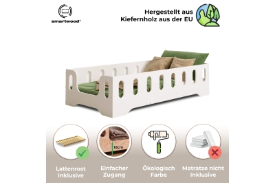 Einzelbett für Kinder mit Rausfallschutz und Lattenrost TILA 2 Montessori Holz