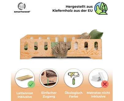 Einzelbett für Kinder mit Rausfallschutz und Lattenrost TILA 2 Montessori Holz