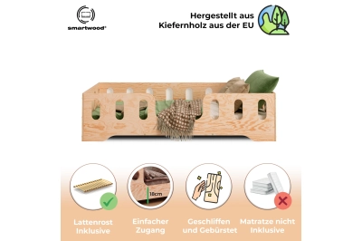 Einzelbett für Kinder mit Rausfallschutz und Lattenrost TILA 2 Montessori Holz