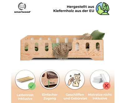 Einzelbett für Kinder mit Rausfallschutz und Lattenrost TILA 2 Montessori Holz