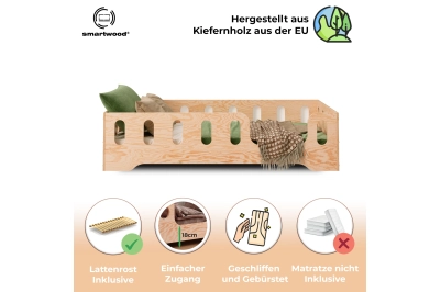 Einzelbett für Kinder mit Rausfallschutz und Lattenrost TILA 2 Montessori Holz