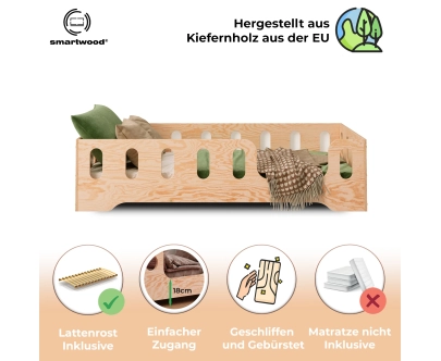 Einzelbett für Kinder mit Rausfallschutz und Lattenrost TILA 2 Montessori Holz