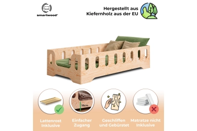 Einzelbett für Kinder mit Rausfallschutz und Lattenrost TILA 2 Montessori Holz