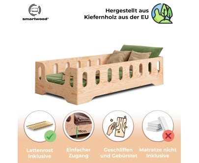 Einzelbett für Kinder mit Rausfallschutz und Lattenrost TILA 2 Montessori Holz