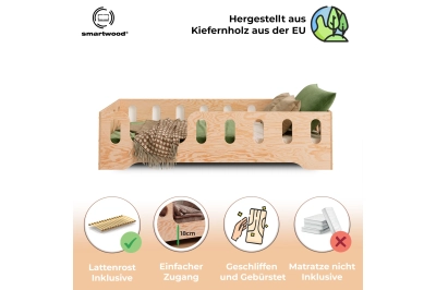 Einzelbett für Kinder mit Rausfallschutz und Lattenrost TILA 2 Montessori Holz
