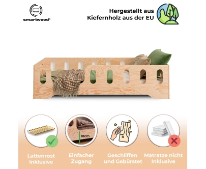 Einzelbett für Kinder mit Rausfallschutz und Lattenrost TILA 2 Montessori Holz