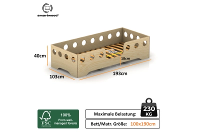 Einzelbett für Kinder mit Rausfallschutz und Lattenrost TILA 4 Montessori Holz