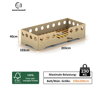 Einzelbett für Kinder mit Rausfallschutz und Lattenrost TILA 4 Montessori Holz