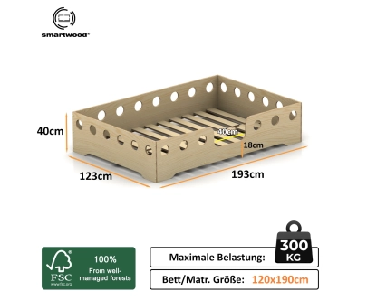 Einzelbett für Kinder mit Rausfallschutz und Lattenrost TILA 4 Montessori Holz