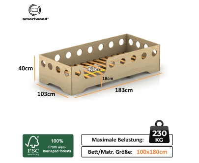 Einzelbett für Kinder mit Rausfallschutz und Lattenrost TILA 4 Montessori Holz