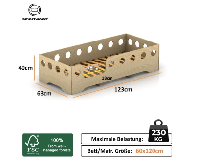 Einzelbett für Kinder mit Rausfallschutz und Lattenrost TILA 4 Montessori Holz