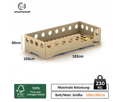 Einzelbett für Kinder mit Rausfallschutz und Lattenrost TILA 4 Montessori Holz