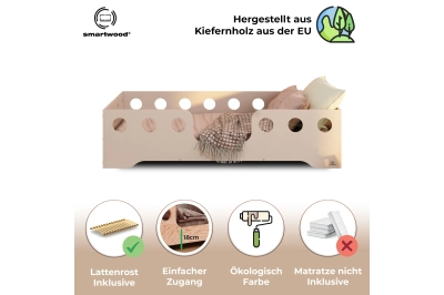 Einzelbett für Kinder mit Rausfallschutz und Lattenrost TILA 4 Montessori Holz