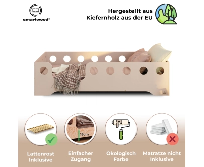 Einzelbett für Kinder mit Rausfallschutz und Lattenrost TILA 4 Montessori Holz