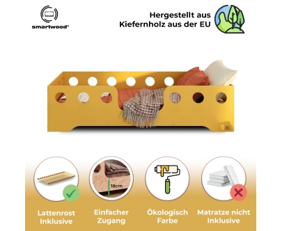 Einzelbett für Kinder mit Rausfallschutz und Lattenrost TILA 4 Montessori Holz