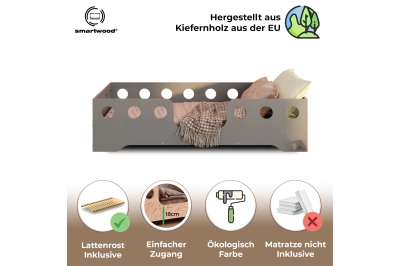Einzelbett für Kinder mit Rausfallschutz und Lattenrost TILA 4 Montessori Holz