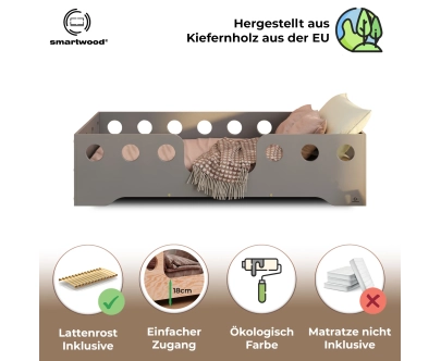 Einzelbett für Kinder mit Rausfallschutz und Lattenrost TILA 4 Montessori Holz