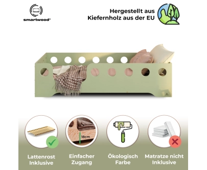 Einzelbett für Kinder mit Rausfallschutz und Lattenrost TILA 4 Montessori Holz