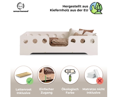 Einzelbett für Kinder mit Rausfallschutz und Lattenrost TILA 4 Montessori Holz