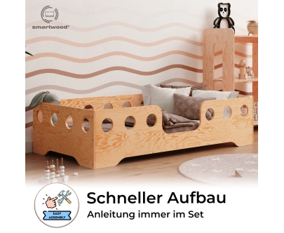 Einzelbett für Kinder mit Rausfallschutz und Lattenrost TILA 4 Montessori Holz