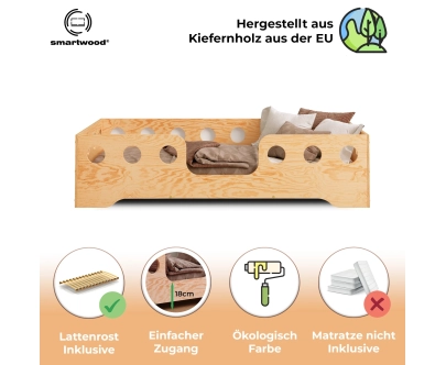 Einzelbett für Kinder mit Rausfallschutz und Lattenrost TILA 4 Montessori Holz