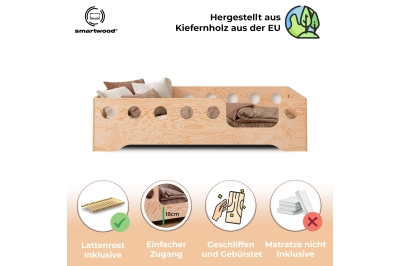 Einzelbett für Kinder mit Rausfallschutz und Lattenrost TILA 4 Montessori Holz
