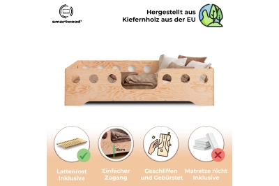 Einzelbett für Kinder mit Rausfallschutz und Lattenrost TILA 4 Montessori Holz