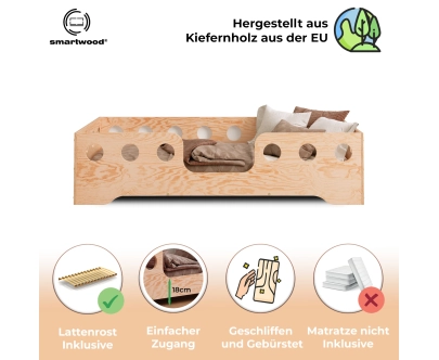 Einzelbett für Kinder mit Rausfallschutz und Lattenrost TILA 4 Montessori Holz