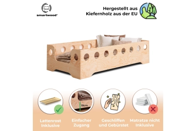 Einzelbett für Kinder mit Rausfallschutz und Lattenrost TILA 4 Montessori Holz