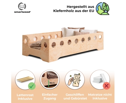Einzelbett für Kinder mit Rausfallschutz und Lattenrost TILA 4 Montessori Holz